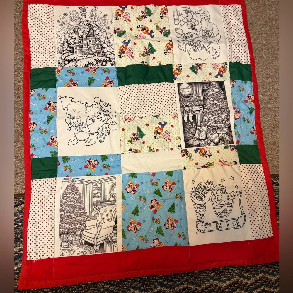 Holiday Coloring Patchwork Quilt - Red & Green Christmas Throw